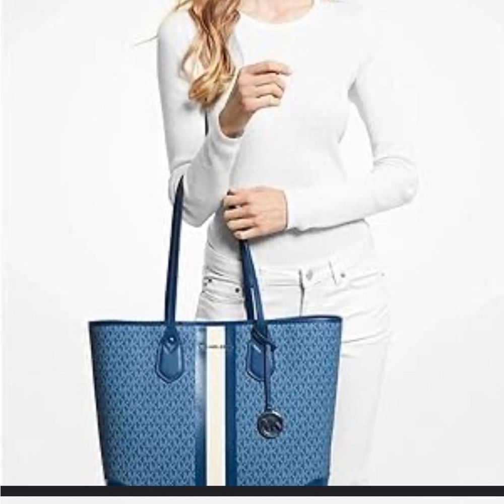 Michael Kors Blue and Cream Tote Bag with Monogram Design